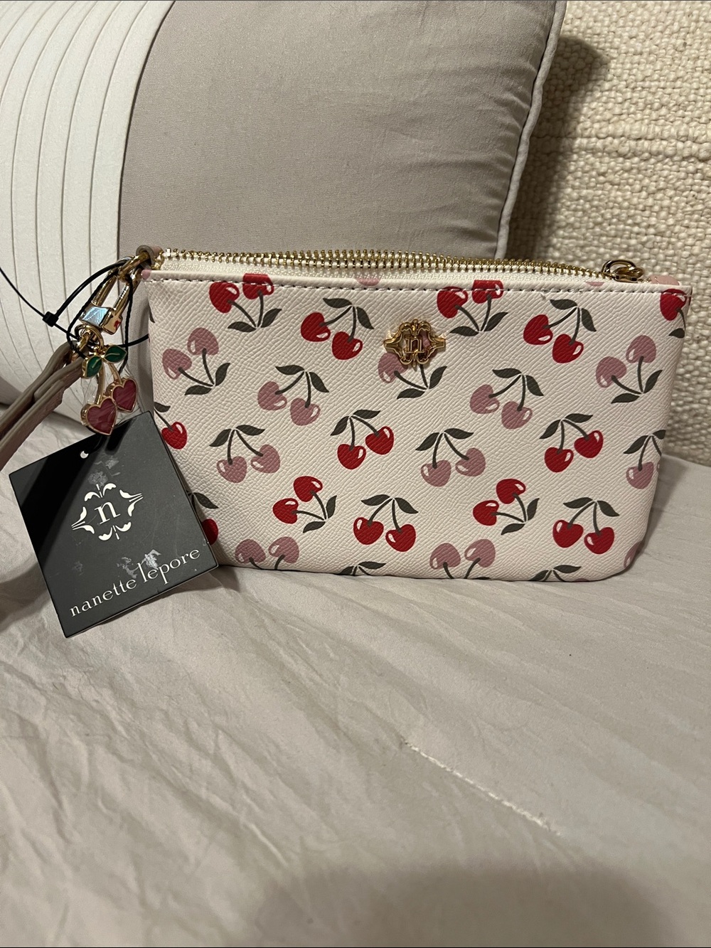 Nanette Lepore Pink & Red Cherry Print Wristlet NEW